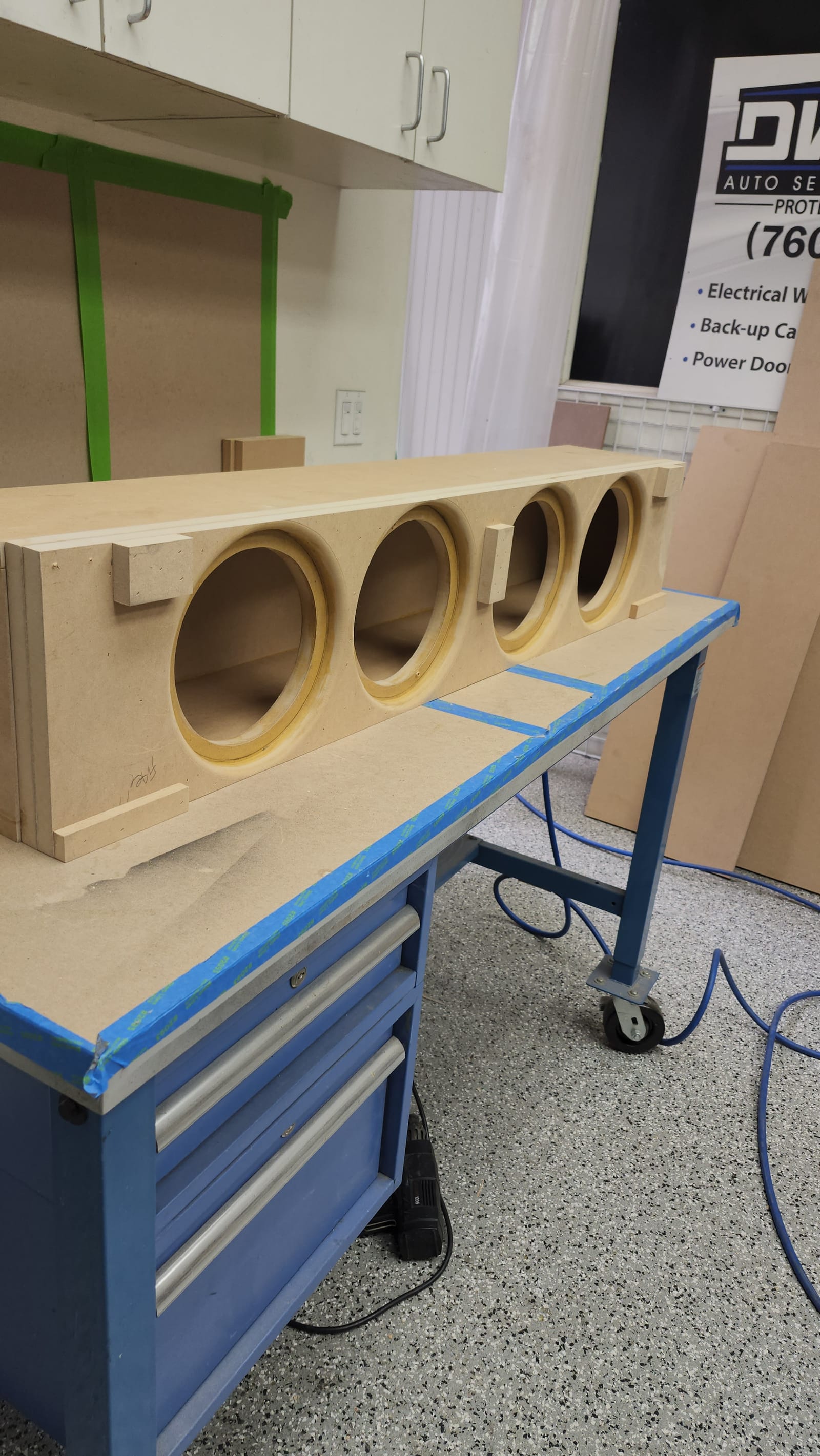 Subwoofer enclosure being fabricated from MDF in the DV Audio shop, Escondido