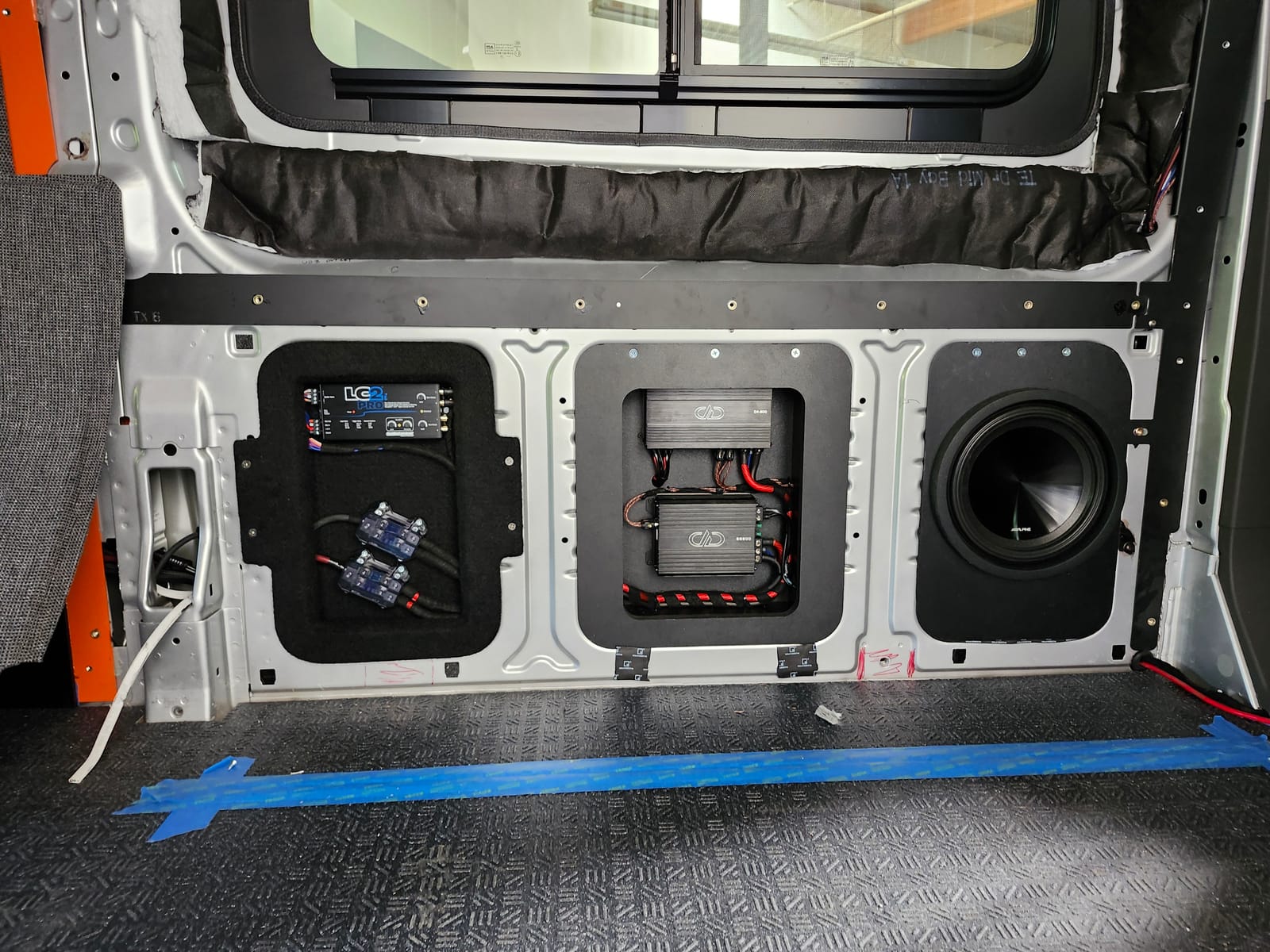 Custom van audio fabrication with subwoofer and amplifier panels, Escondido
