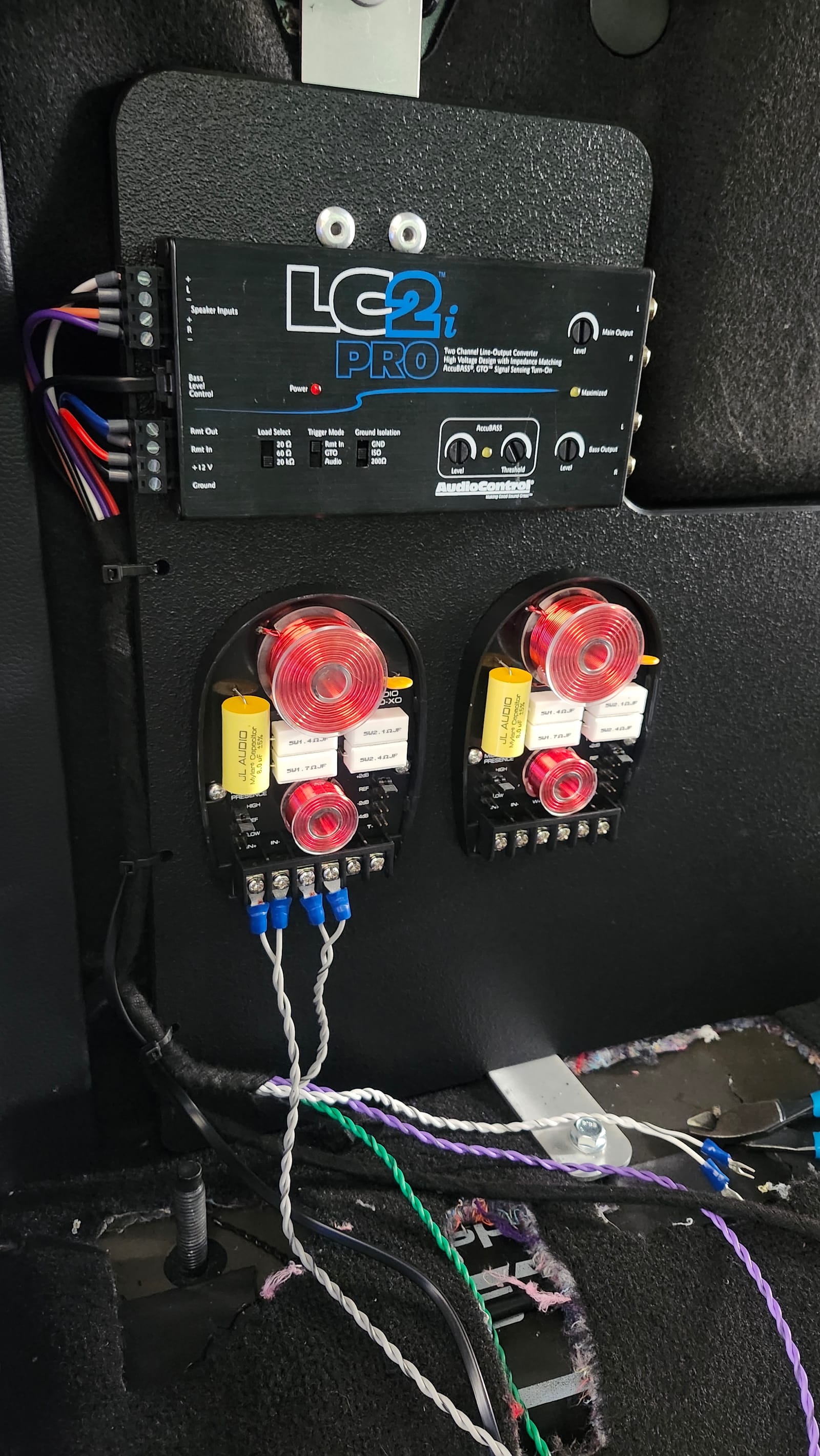 Factory integration processor and crossover wiring for a custom car audio system, Escondido